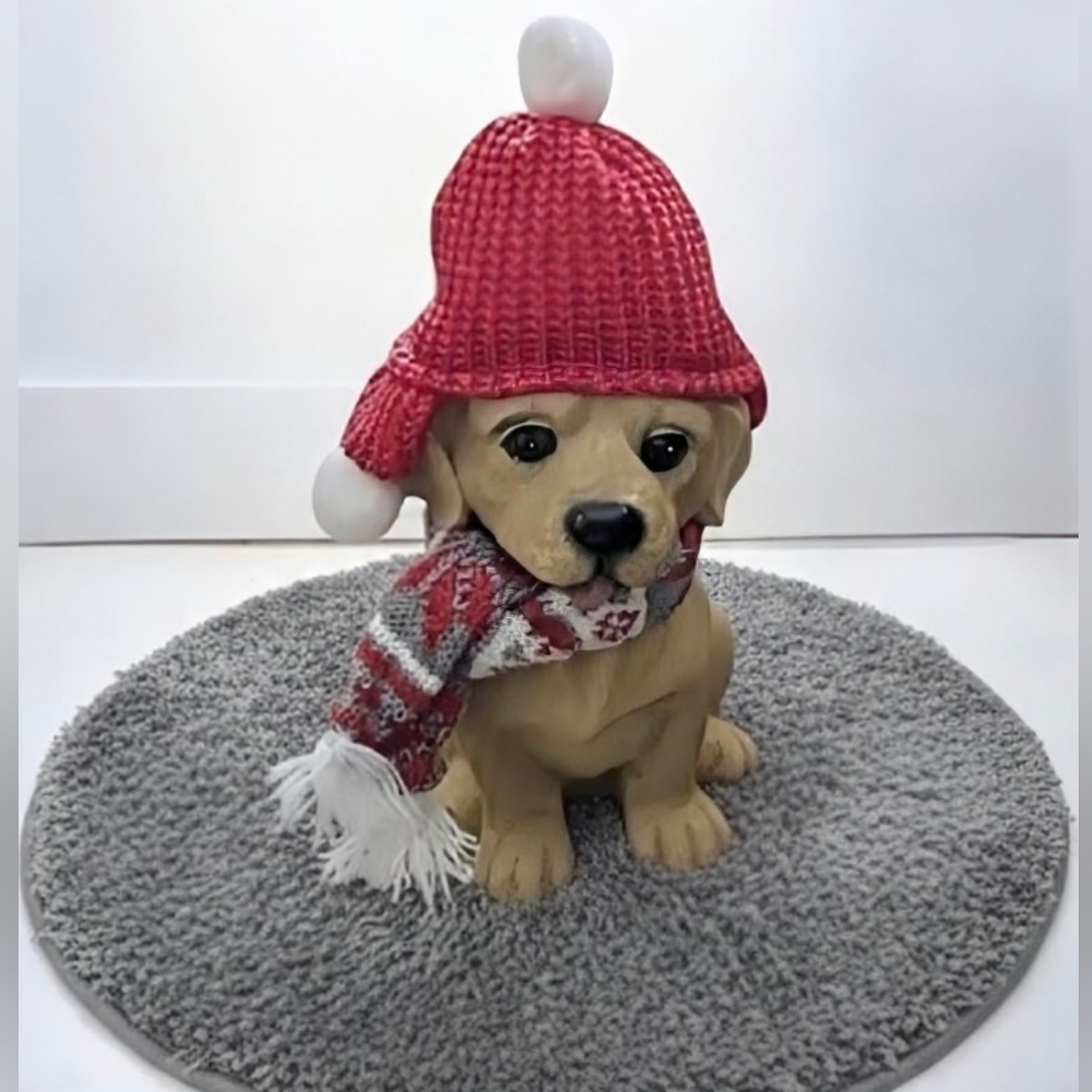 NEW Holiday Golden Retriever Puppy Statue - Red Winter Hat & Scarf